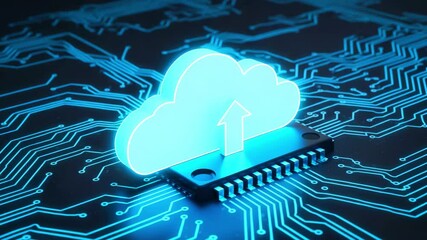 Glowing cloud symbol on a microchip background, representing digital data storage and technology - Powered by Adobe