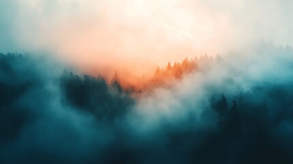 Naklejka premium Majestic sunrise view through a misty mountain forest.