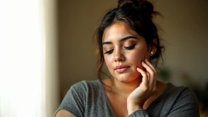 A full girl touches her face with natural make-up