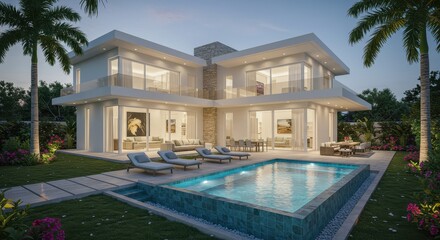 Fototapeta premium Luxury Modern Villa with Pool at Dusk
