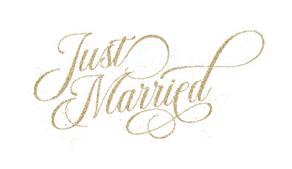 ‘Just Married’ written in elegant golden glitter script font isolated on transparent background