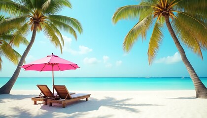 Fototapeta premium Serene Beach Paradise Pink Umbrella, Lounge Chairs, and Palm Trees