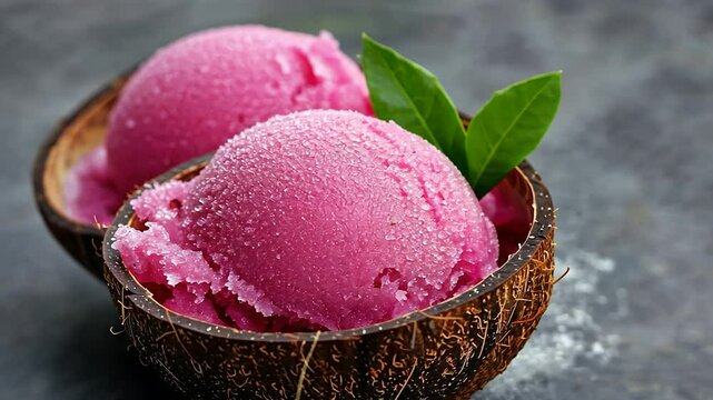 Two scoops of pink sorbet in coconut shells.