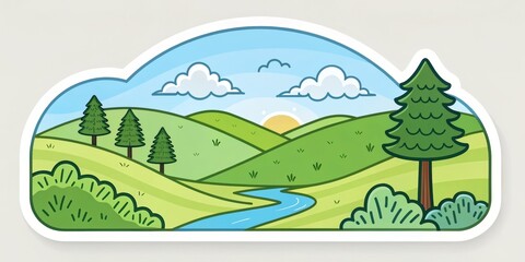 Obraz premium Cartoon Landscape Rolling Hills, River, Sunrise, Cloud Sticker Design, Nature Illustration, Art. landscape, nature