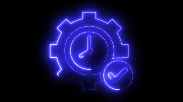 Glowing neon line time management concept with settings gear animated on black background 4k video. Analog glowing neon wall clock animation.
