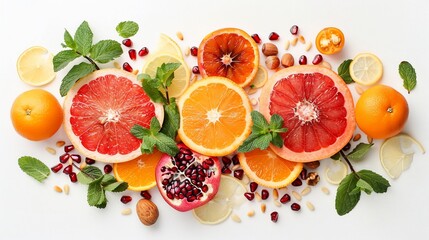 Colorful citrus and pomegranate slices arranged on a white background. Fresh fruit display