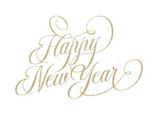 ‘Happy New Year’ written in elegant golden glitter script font isolated on transparent background