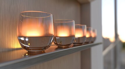 A row of glass candle holders with lit candles on a shelf.