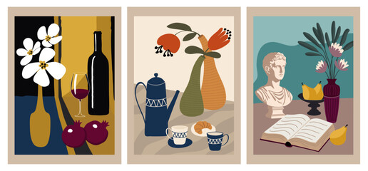 Still life, a hand-painted vector wall set. Flowers in a vase, fruits, a book, wine, a glass, a coffee pot, an antique bust. Artistic drawing for posters, postcards, covers, wall decorations, prints