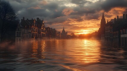 Floodwaters inundating a historic city at dramatic sunset