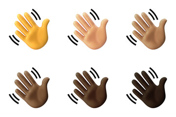 Waving Hand emoji in various skin tones isolated on transparent background