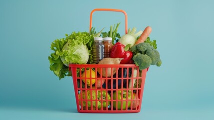 A shopping basket with fresh vegetables and fruits. The concept of online shopping and food delivery in a grocery supermarket.