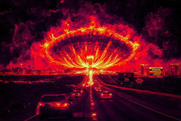 A desert highway leading to Area 51 with 'RESTRICTED AREA' signs, vibrant digital illustration