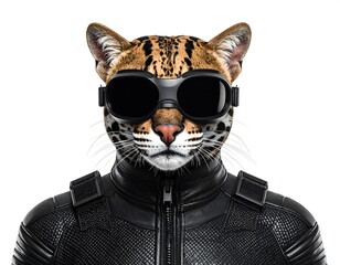 Ocelot Wearing Aviator Goggles And Leather Jacket On White Background