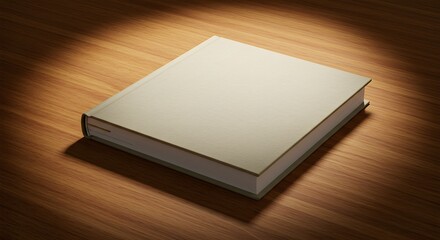 Fototapeta premium A closed book with a light tan cover sitting on a wooden surface under bright light