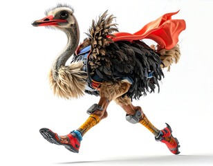 Ostrich Wearing Red Cape Running Against White Background Digital Art