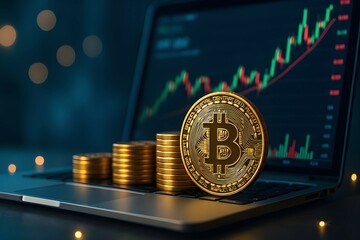 Bitcoin Coins and Cryptocurrency Trading Graph on Laptop — Digital Financial Market, Investment Growth, and Blockchain Technology Visual, Digital Currency Investment Concept