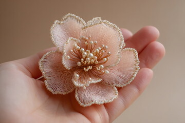 Soft flower accessory made from fabric and pearls captures romantic style, DIY beauty and the emotional touch of thoughtful handiwork.

