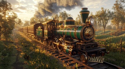 Naklejka premium Vintage steam train through a serene landscape