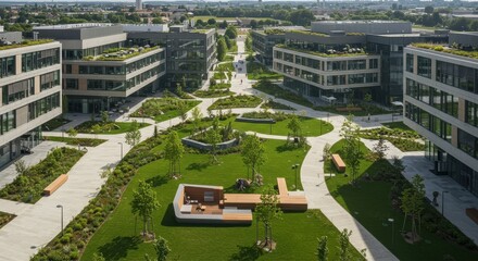 Modern office complex with green spaces and people enjoying outdoor leisure activities