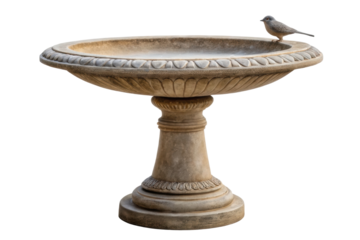 PNG Stone bird bath with decorative patterns and perched bird