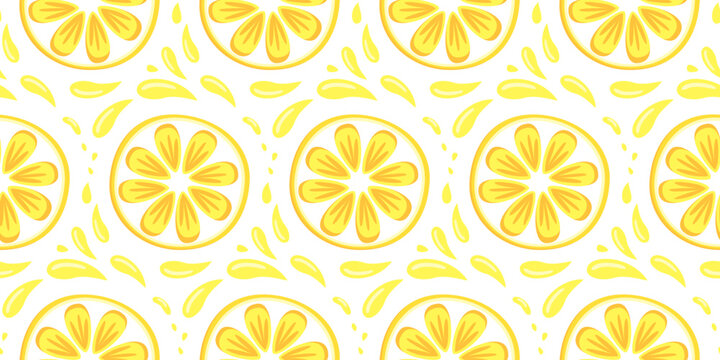 Seamless vector pattern with lemons and slices. Repeating background with yellow citrus fruits. Summer theme in flat cartoon style. Perfect for fabric, packaging, wallpaper, and design.