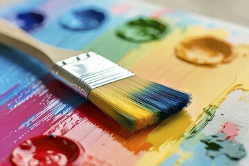 Fototapeta premium Artist's Paintbrush on Colorful Palette with Mixed Paints
