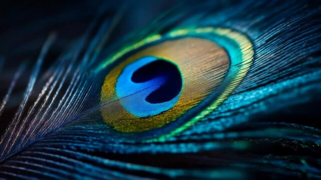 Vibrant peacock feather closeup with mesmerizing color shifts and textured details
