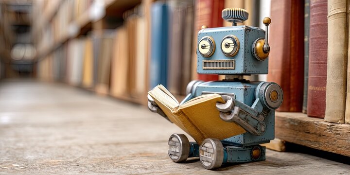 robot in a library reading book 