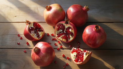 Hyperrealistic Overhead Capture of Pomegranates on Rustic Wood A Study in Texture, Color, and Natural Light