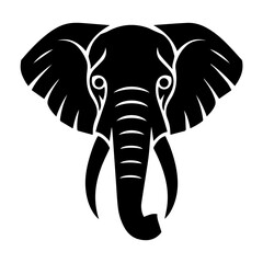 Stylized black silhouette of an elephant head viewed from the front, featuring large ears, curved tusks, and a detailed trunk on a white background in vector art style.