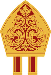 Elegant Vector Illustration of Gold and Red Bishop Mitre with Baroque Floral and Religious Cross Design – Catholic Clergy Headwear