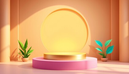 an interior setting featuring an unconventional element: a large, illuminated sphere positioned atop a pedestal in a room with pale yellow walls