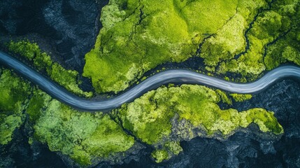 Aerial View of Winding Road Through Lush Green Mossy Landscape