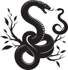 Fototapeta premium Silhouette of Two Snakes Coiled on Branch with Leaves