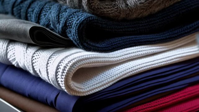 Close up of a neat stack of warm, knitted sweaters in various colors and textures suggesting comfort and winter
