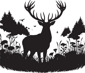 Silhouette Deer in Forest with Wildflowers and Birds