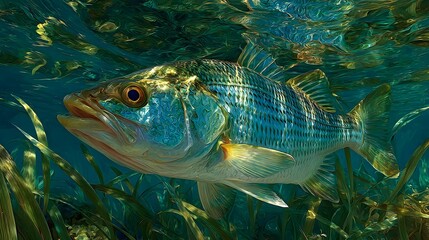 Fototapeta premium Artistic Rendering of Bonefish in a Fluid Motion Over Lush Grass Flats with Ambient Light