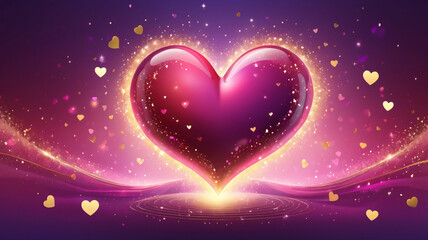 Glowing Pink Heart with Golden Glitter and Hearts