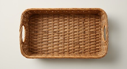 A rectangular woven basket with handles sitting on a plain white surface top view