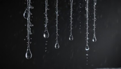 Water droplets cascading from a sharp edge, blurred motion trails on black ,  clean,  abstract,  elegance