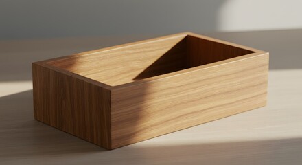 A simple wooden box with a triangular cutout sits on a light surface with shadows