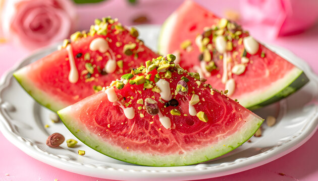 Fototapeta a, watermelon, fruit, with, pistachio, white, chocolate, dessert, food, melon, isolated, slice, on, new, modern, studio, shooting, macro, photography, on, solid, pink, background, plate, white, boho