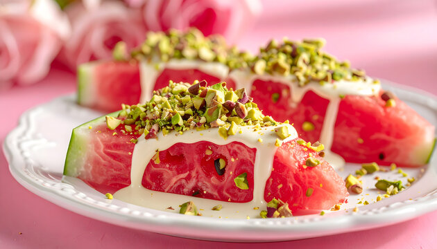 Fototapeta a, watermelon, fruit, with, pistachio, white, chocolate, dessert, food, melon, isolated, slice, on, new, modern, studio, shooting, macro, photography, on, solid, pink, background, plate, white, boho