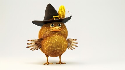 A 3D cartoon chicken stands in front of a simple burnt - orange gradient background with subtle shadows, highlighting the strong Thanksgiving atmosphere.
