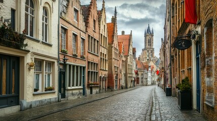 Fototapeta premium Historical streetscape in Bruges featuring cobblestone road and architectural charm