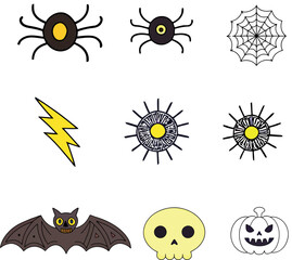 Halloween vector set with spider, web, bat, skull, pumpkin, and lightning icons on white background
