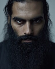 Portrait of a man with a long black beard and hair facing the camera. The image has a dark, dramatic atmosphere. The man's face and hair have sparkling details against a gray background.