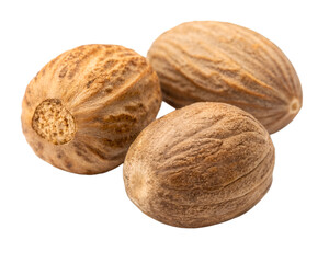 Whole dried nutmegs on white background