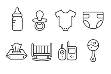 Icons of essential baby items: bottle, pacifier, onesie, diaper, wipes, crib, monitor, rattle
